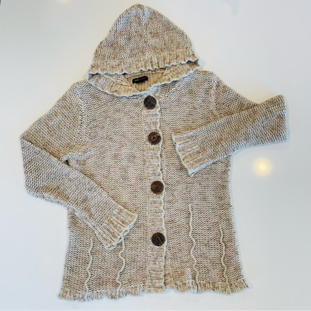 BCBGMaxAzria oatmeal, hooded cardigan with ruffle knit hems & wooden buttons